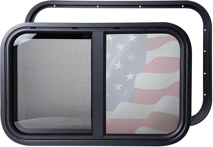 24"x15" RV Sliding Window - Horizontal Teardrop Style, DOT-Certified Tempered Glass & Trim Kit, Aluminum Alloy Frame w/Mesh Screen