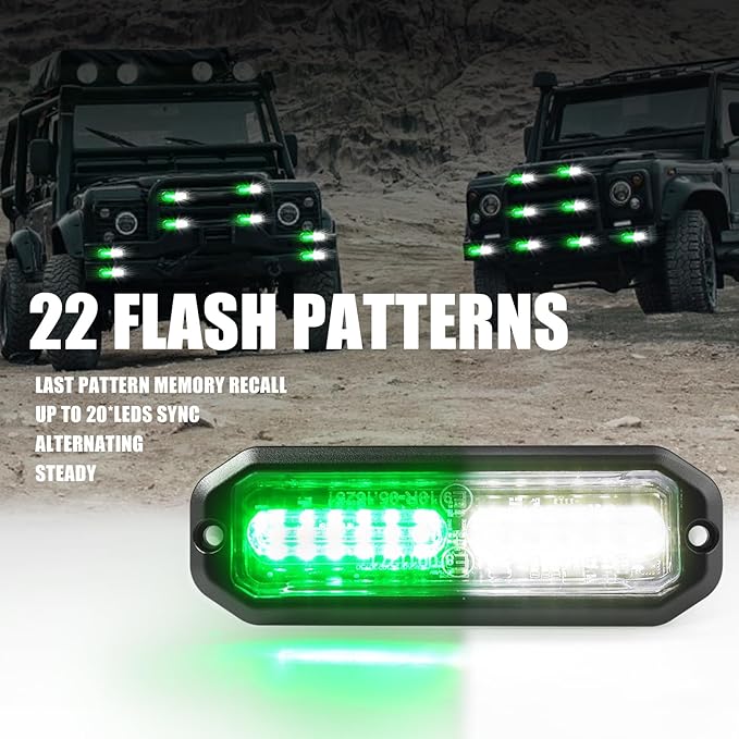 WINECO Green/White 8pcs Ultra Slim LED Emergency Strobe Police Lights, Surface Mount Grill Grille Hazard Safty Warning Flashing Light for Volunteer Trucks Vehicles