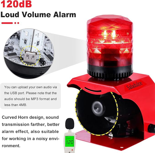 120dB Industrial Siren Alarm, IP65 Outdoor Sound and Light Alarm,, Adjustable Volume & Tone for Home, Office, Factory, Warehouse (Industrial, 110, V)
