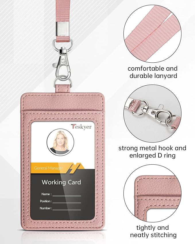 Teskyer Badge Holder with Lanyard, Leather ID Name Badge Card Holder with Lanyard for ID Badges, Vertical, Lychee Pattern Dark Pink