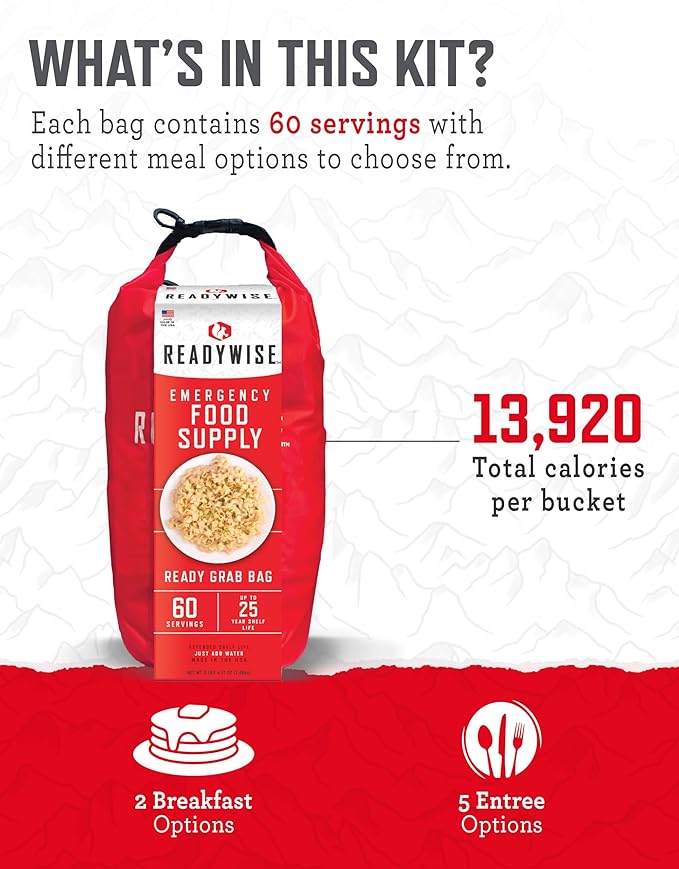 ReadyWise 7 Day Emergency Food Supply – 60 Servings Grab Bag, Camping Essentials, Freeze Dried Survival Food Kit & Dehydrated Meals, Prepper Bug Out Bag & Hurricane Supplies, up to 25 Year Shelf Life