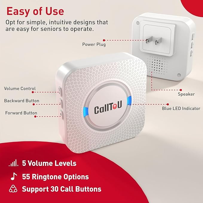 CallToU Caregiver Pager Wireless Call Button Nurse Alert System 500+ Feet for Home/Elderly/Patient/Disabled 1 Plugin Receiver 1 Waterproof Transmitter 1 Watch Transmitter