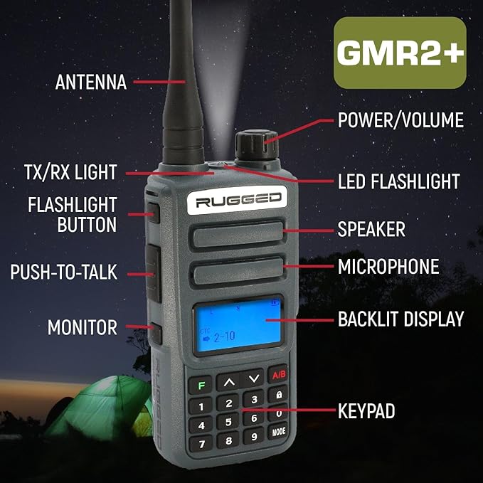 Rugged Radios 2 Pack GMR2 Plus GMRS Handheld Two Way Radio Grey 2 Watt Long Range Walkie Talkie for Hiking Off Roading Events Warehouse Communication