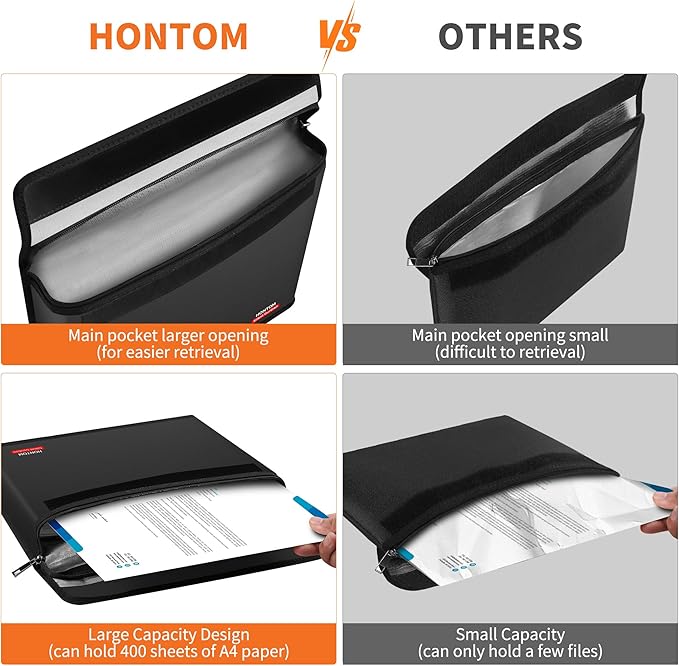 Hontom Fireproof Document Bag with 2 Pockets, 6400℉ Upgraded Material Fireproof Money Bag with Lid, Travel Home Fire Safe Storage Cash Pouch for Important Documents