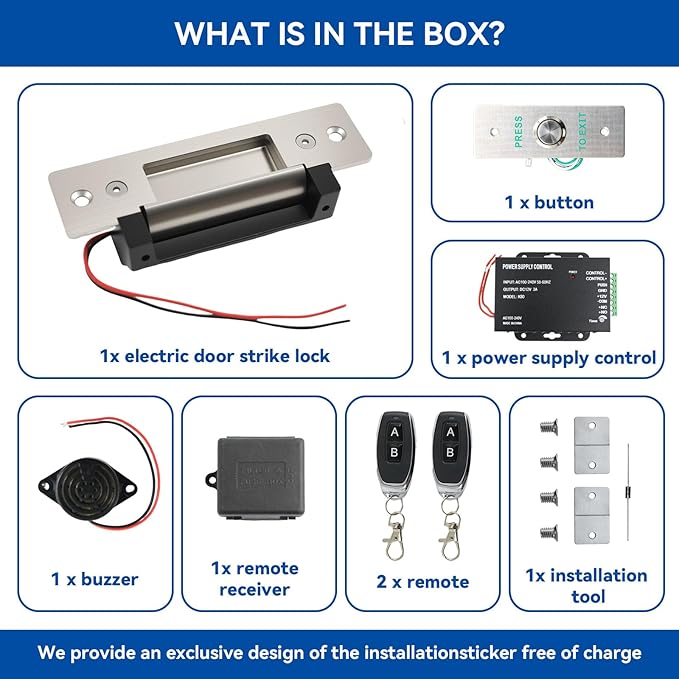 Upgraded Access Control Electric Strike Door Lock Kit, Fail-Secure/Fail-Safe Wireless Door Buzzer Entry System for Cylindrical Mechanical locksets,with Remote Control, Button, Buzzer, Power Adapter