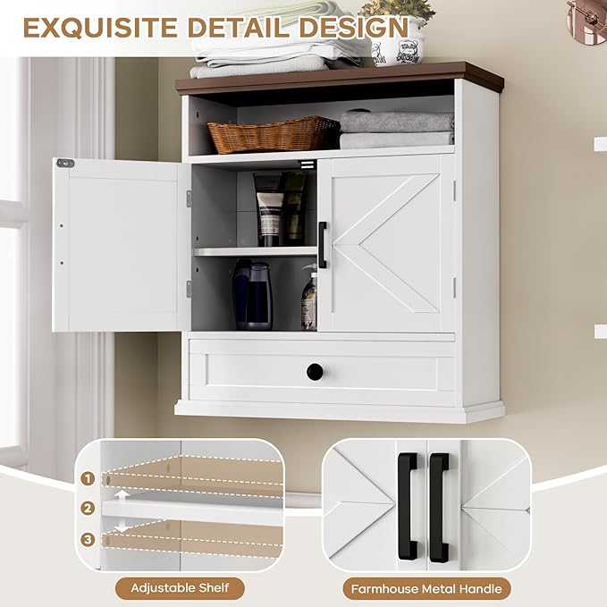 Bathroom Wall Cabinet, Farmhouse Wall Mounted Medicine Cabinet with Drawer, Barn Doors and Adjustable Shelf, 25"H x 23.6"W x 9"D White Over Toilet Storage Cabinet for Kitchen, Laundry Room, Entryway