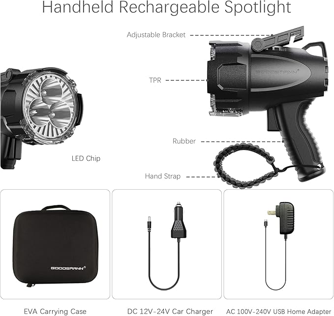 GOODSMANN Rechargeable Marine Spotlight up to 6000 Lumen Portable Handheld Spot Light Waterproof Searchlight 70W Hunting Work Flashlight with USB Adapter Car Charger EVA Carrying Case Red Lens Filter