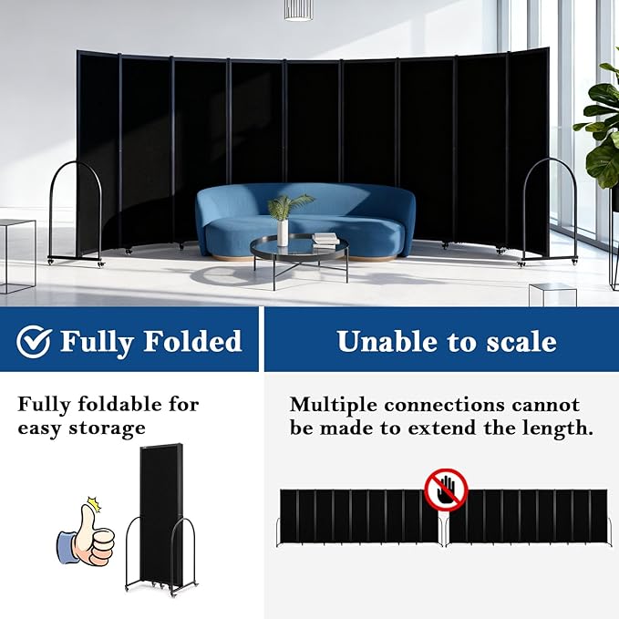 Folding Room Partition,Privacy Room Screen with Arms,Office Dividers Partition Wall,18'5"L* 6'7"H,Black