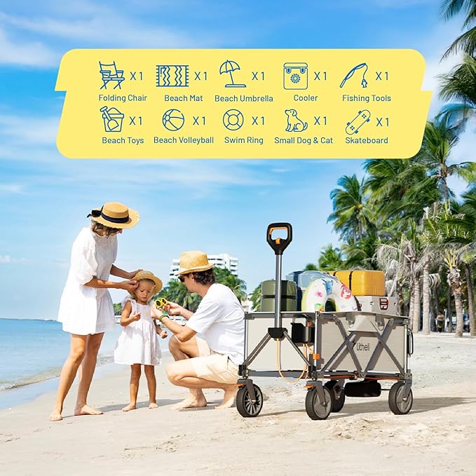 Litheli Electric Wagon Cart with 2 Batteries, All-Terrain Wheels & Variable Speed | 200L Capacity, 300 lbs Heavy-Duty Utility Wagon for Camping Beach Garden Shopping, SE-Beige