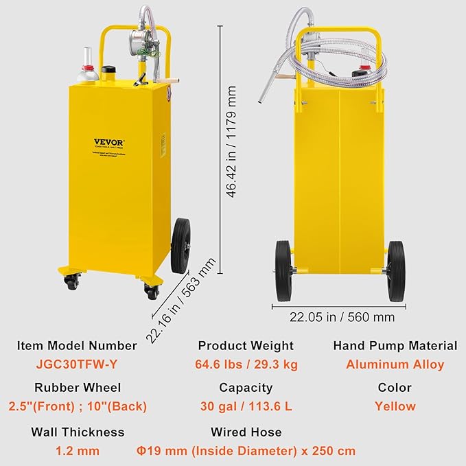 VEVOR 30 Gallon Fuel Caddy, Gas Storage Tank & 4 Wheels, with Manual Transfer Pump, Gasoline Diesel Fuel Container for Cars, Lawn Mowers, ATVs, Boats, More, Yellow