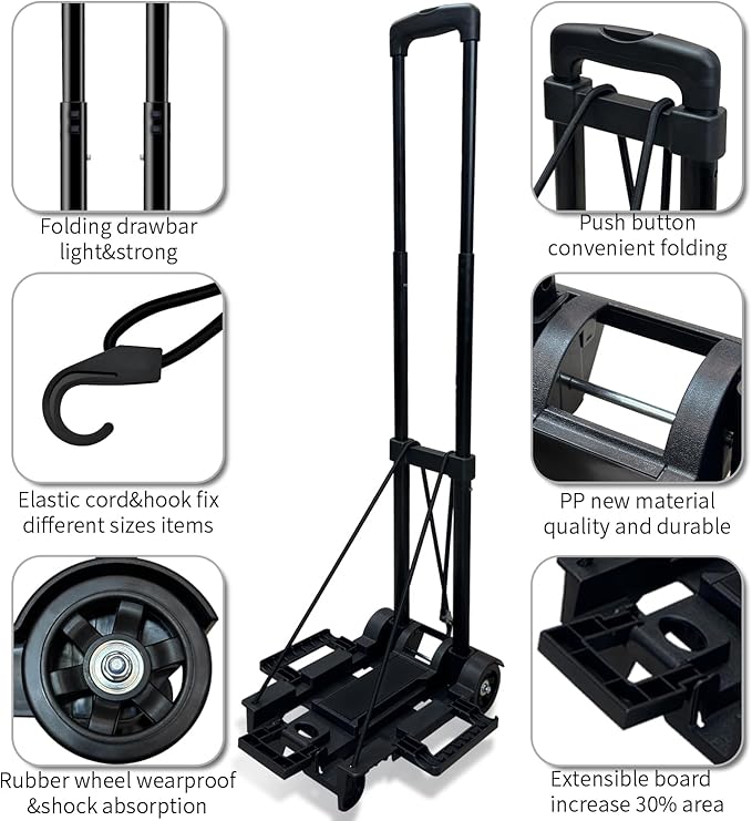 Folding Hand Truck,Portable Platform Luggage Cart Collapsible Dolly with 2 Wheels & 2 Ropes,Utility Portable Expandable Large Chassis Collapsible for Moving Airport Travel Luggage Office Use,Black