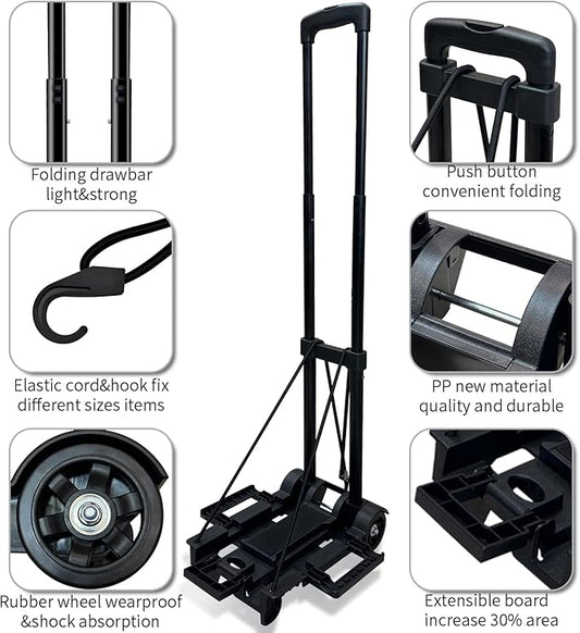 Folding Hand Truck,Portable Platform Luggage Cart Collapsible Dolly with 2 Wheels & 2 Ropes,Utility Portable Expandable Large Chassis Collapsible for Moving Airport Travel Luggage Office Use,Black