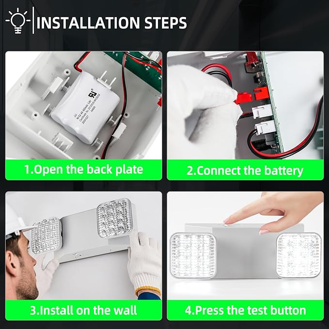 Emergency Light, LED Emergency Lighting with Battery Backup, 2 Adjustable Heads, Commercial Emergency Lights Combo for Business, 120V/277V AC, UL Listed, 4 Pack
