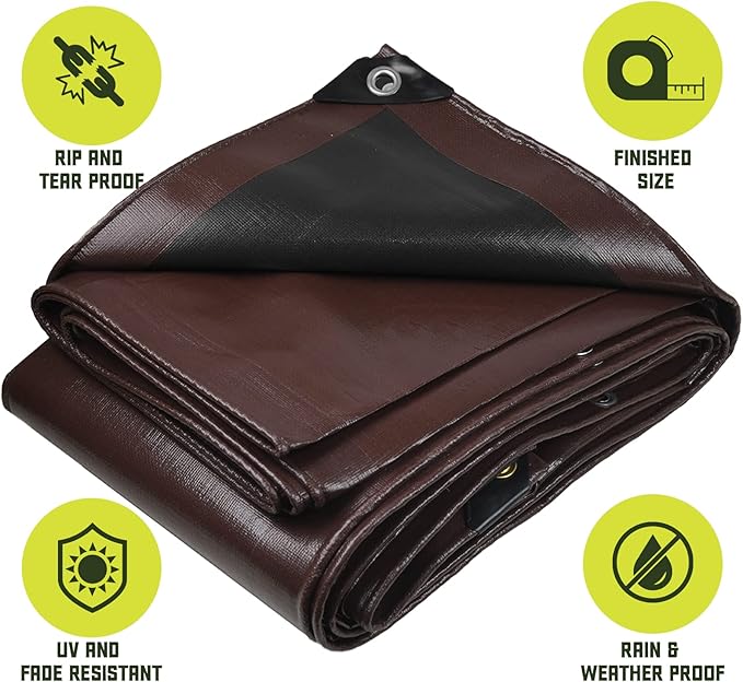 Core Tarps Heavy Duty 8 Mil Tarp Cover, Waterproof, UV Resistant, Rip and Tear Proof, Poly Tarpaulin with Reinforced Edges for Roof, Camping, Patio, Pool, Boat. (Brown/Black 10′ X 20′)