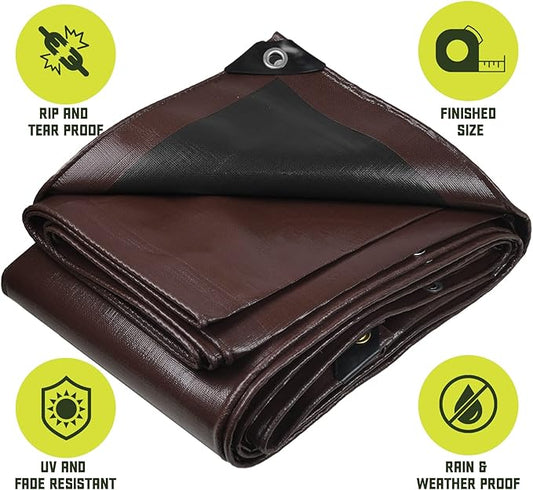Core Tarps Heavy Duty 8 Mil Tarp Cover, Waterproof, UV Resistant, Rip and Tear Proof, Poly Tarpaulin with Reinforced Edges for Roof, Camping, Patio, Pool, Boat. (Brown/Black 24′ X 64′)
