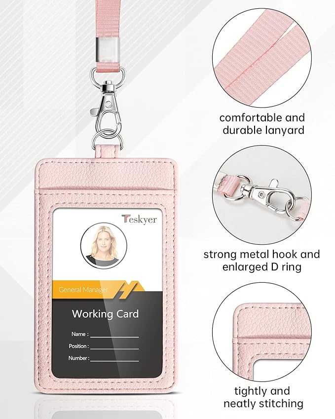 Teskyer Badge Holder with Lanyard, Leather ID Name Badge Card Holder with Lanyard for ID Badges, Vertical, Lychee Pattern Light Pink