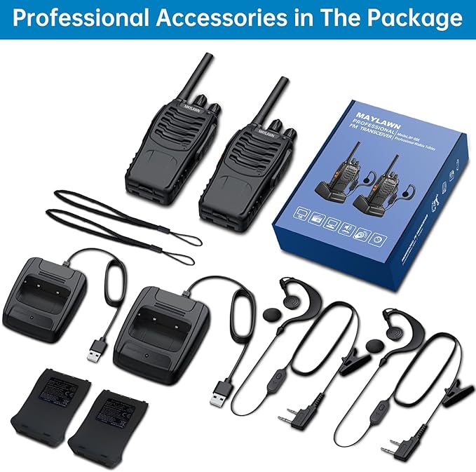 Walkie Talkies Pack of 2, Walkie Talkies Long Range for Adults with Rechargeable Batteries, Two Way Radios with LED Light Earpieces and Chargers, 16 Channels, Supports VOX Function