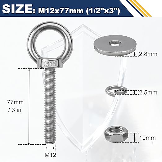 2 Pack M12 Stainless Steel Eye Bolts with Nuts, 1/2" x 3" Long Lifting Ring Eye Bolt， Eye Bolts Heavy Duty for Hang Tie Down Outdoor (2, M12x77mm (1/2"x3"))