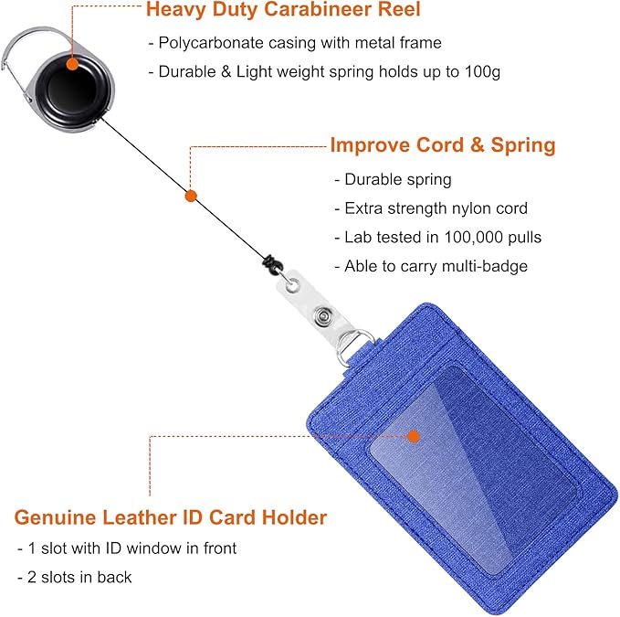 Life-Mate Badge Holder - Leather ID Badge Card Holder Wallet Case with 3 Cards Slot and Neck Lanyard/Strap. Additional Retractable Badge Reel with Belt Clip (Blue, Linen Finish)