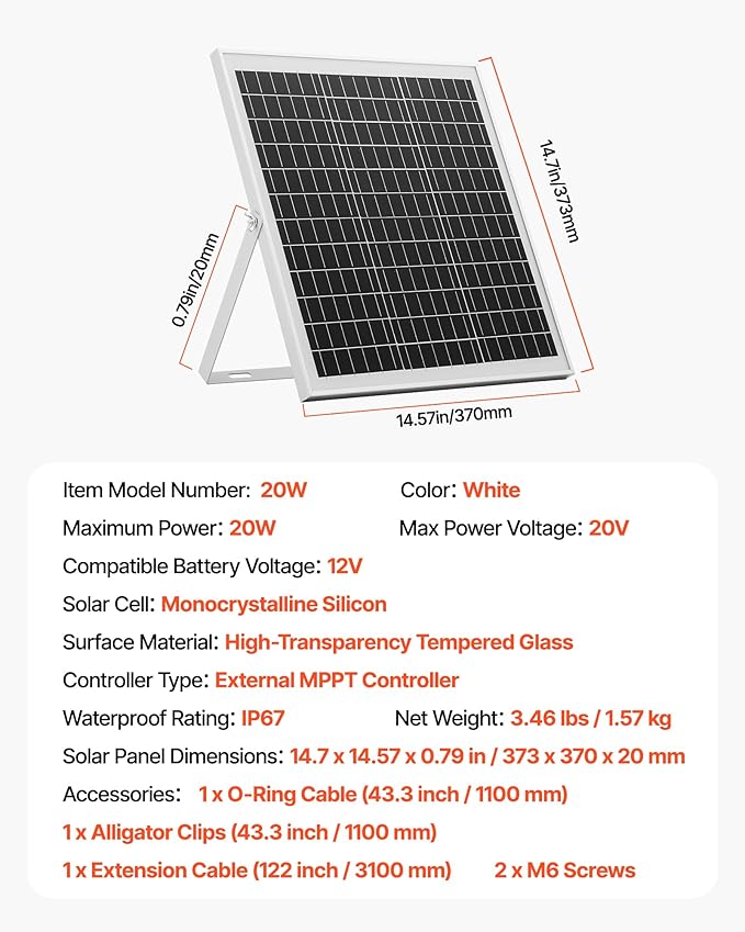 VEVOR 20W 12V Solar Panel Battery Charger, Solar Battery Trickle Charger Maintainer with Intelligent MPPT Controller & Adjustable Mount Bracket, IP67 Waterproof for Car Boat RV Motorcycle Trailer
