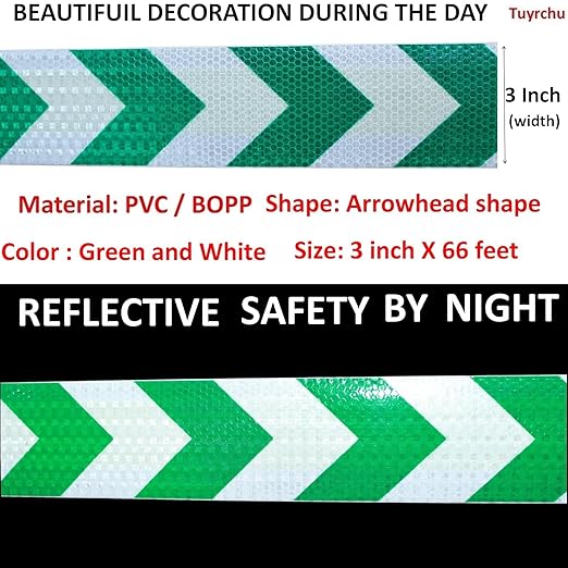 Reflective Tape Green White 3 inch Wide for Automobile, Outdoor Waterproof High Visibility Safety Warning Adhesive Strips (66 feet)