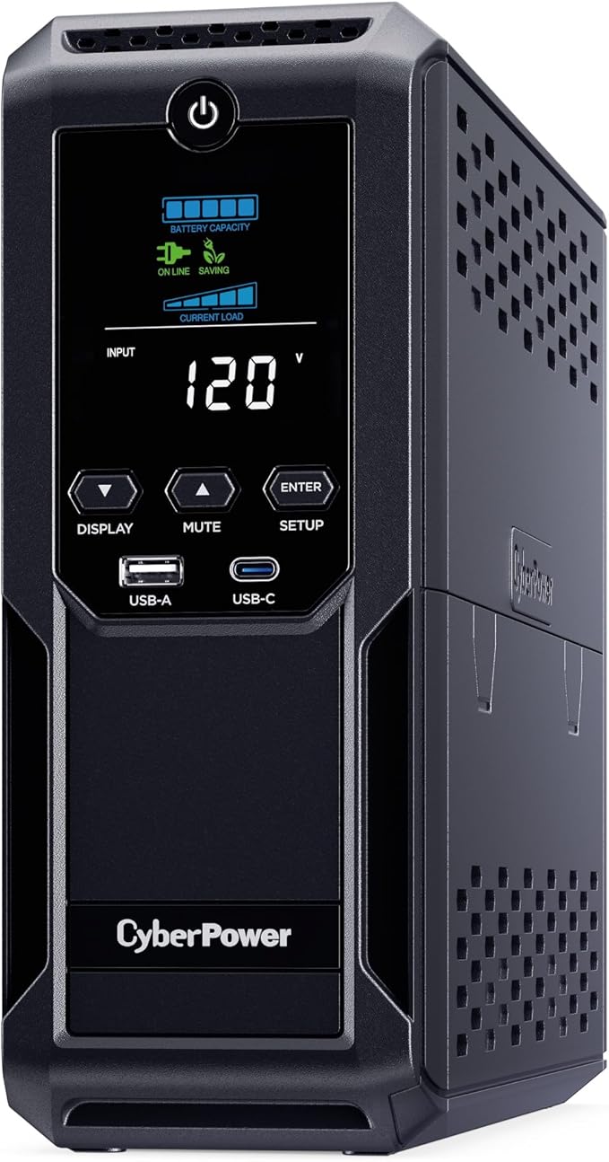 CyberPower CP1350AVRLCD3 Intelligent LCD UPS System, 1350VA/815W, 12 Outlets, 2 USB Ports, AVR, Mini Tower, Black