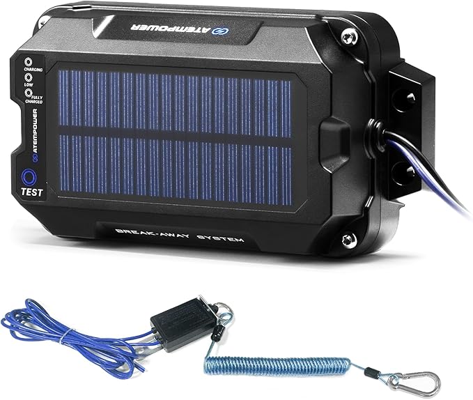 ATEM POWER Trailer Brake Controller Kit with Switch 12V 3AH LifePO4 Lithium Battery Trailer Breakaway Kit Brake Controller Bulit-in Solar Panel LED Indicator Break Away System for Trailer Caravan IP65