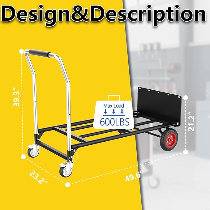 Hand Truck Dolly Heavy Duty, 2 in 1 Convertible Hand Truck and Dolly with 10" Flat-Free Wheels & Brakes, 600LBS Capacity, Includes Elastic Straps for Moving, Warehouse, Garden, Office Use, Black