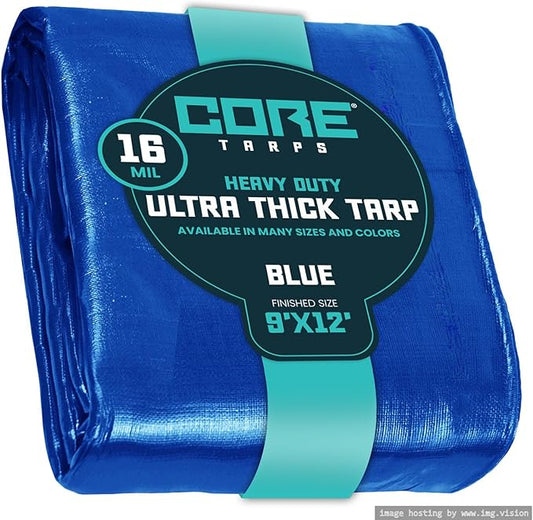 Core Tarps Extra Heavy Duty 16 Mil Tarp Cover, Waterproof, UV Resistant, Rip and Tear Proof, Poly Tarpaulin with Reinforced Edges for Roof, Camping, Patio, Pool, Boat (Blue 9′ X 12′)
