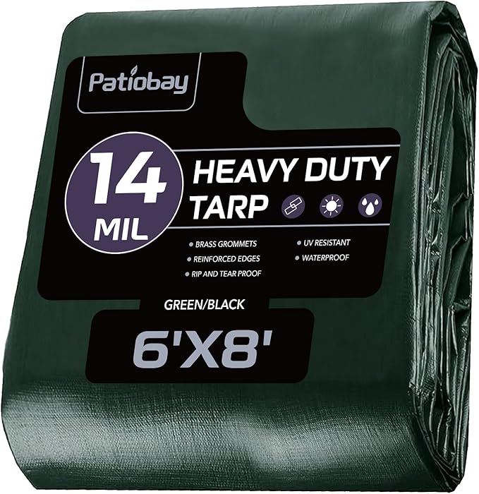 Tarp 6x8 Feet, 14 Mil Waterproof Tarps Heavy Duty with Brass Grommets, Thick Plastic Tarp, UV Resistant Tear&Fade Resistant, Reinforced Edges for Outdoor Pool Car Camp Tent