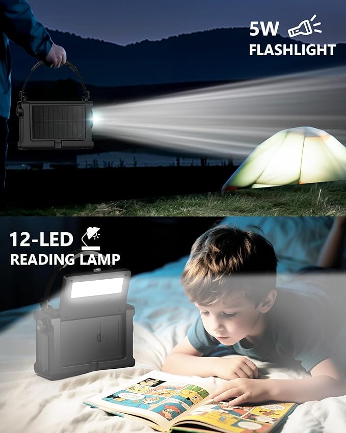 Emergency Weather Radio with Large Solar Panel, Efficient Hand Crank & Real 12000mAh Battery | AM/FM/NOAA Bands, LED Flashlight, Reading Lamp, SOS Alarm & Phone Charger for Outdoor & Emergency