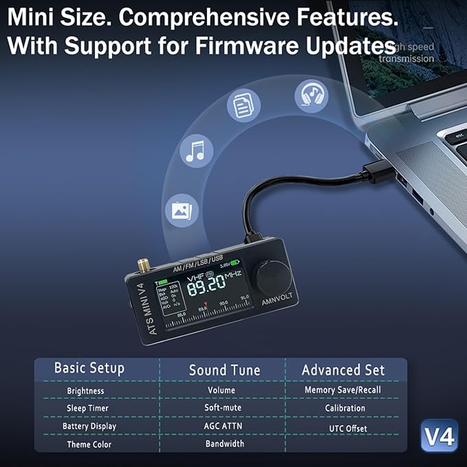 AMNVOLT V4 ATS MINI DSP Radio, ESP32-S3 & SI4732 Chip, Multi-Band AM/FM/LSB/USB Receiver, 1.9'' IPS Color Screen, with Headphone Amplifier & Hi-Z Circuit, Portable for Travel and Radio Enthusiasts