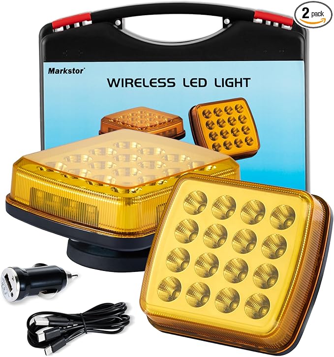 Wireless LED Road Flares for Emergency,Rechargeable Safety Flashing Lights for Vehicles,Portable Strobe Light Magnetic Emergency Strobe Light Kit for Trucks (Amber) (Amber)
