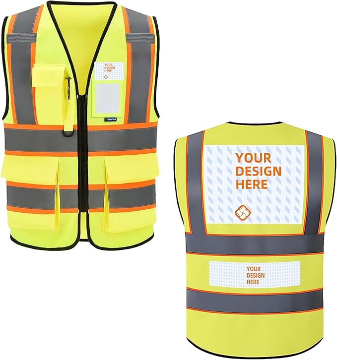 Custom Safety Vest Personalized Logo Hi Vis Class 2 Reflective Multi Pocket Zipper Construction Work Vest