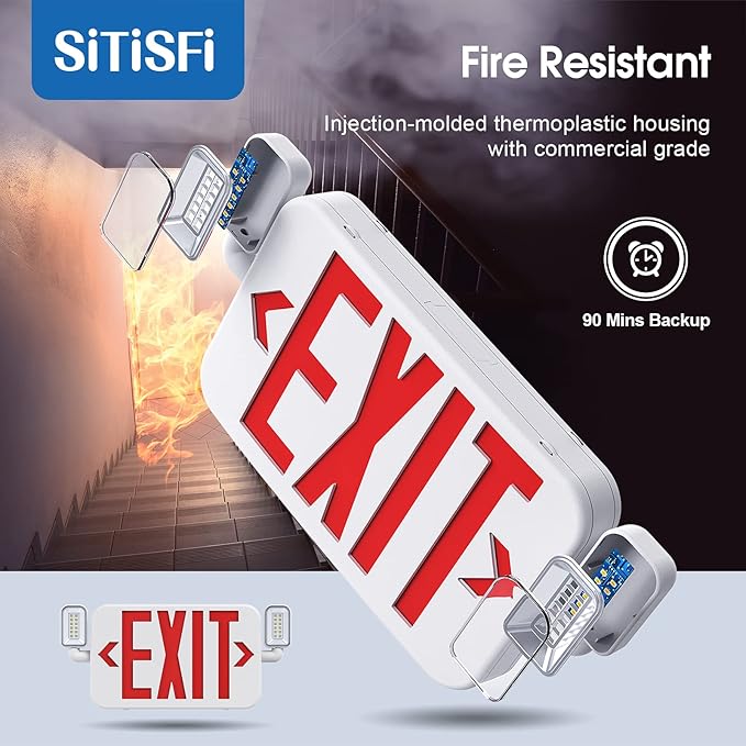 Led Combo Emergency Exit Sign Light with Two Adjustable Head Lights and Backup Battery Exit Light,US Standard Red Letter Commercial Emergency Exit Lighting,UL 924,AC120/277V (6Pack)