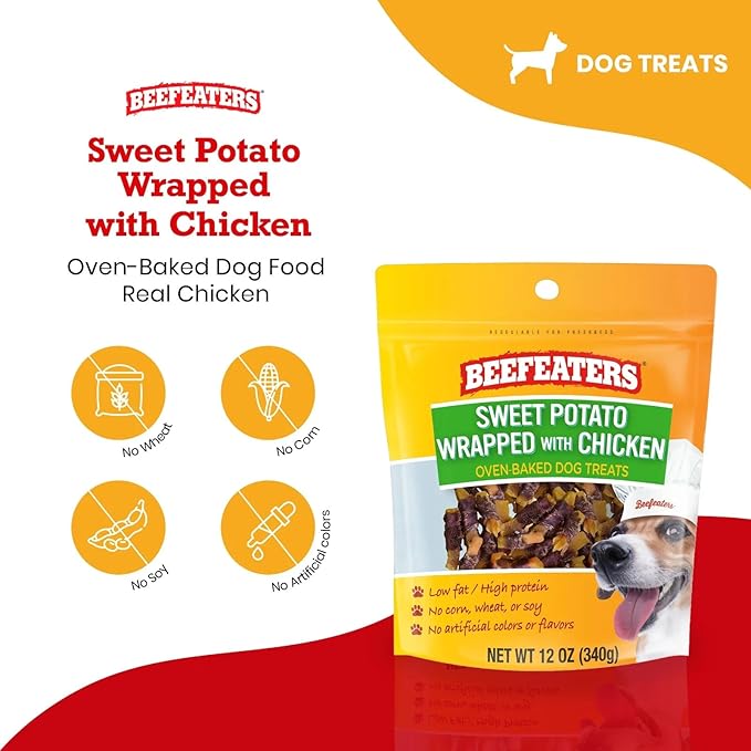 Beefeaters Sweet Potato Wrap with Chicken – Dog Treat. No Corn, Wheat, Soy or Gluten, Low Fat, Whole Muscle Jerky, Ideal for Training & Snacks