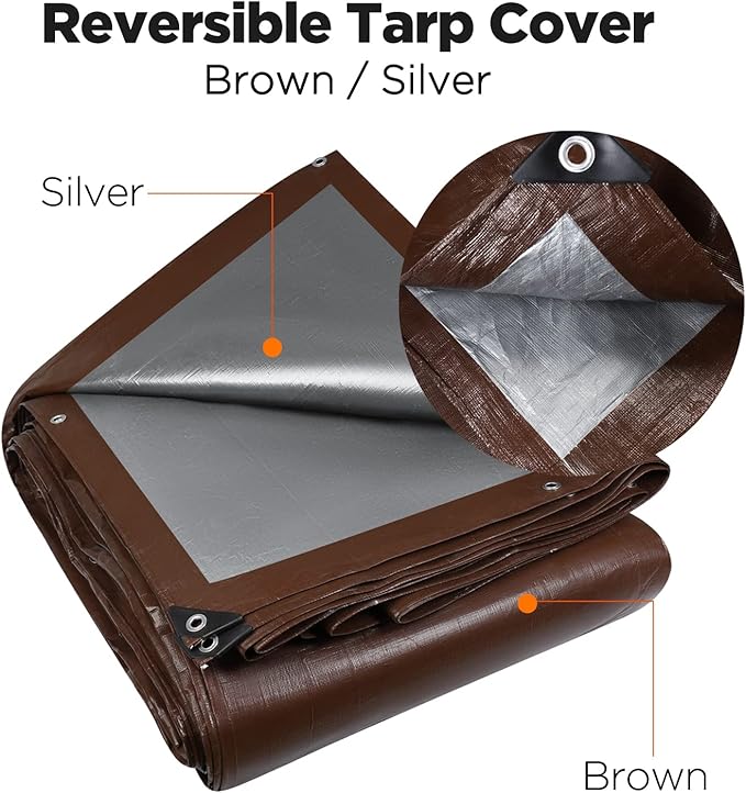 [20'X20'] RSW Heavy Duty Waterproof 12 Mil Safety Reversible Tarp Cover, UV Resistant, Rip and Tear Proof Tarpaulin with Reinforced Edges - for Roof, Camping, Patio, Pool Cover, Boat (Brown/Silver)