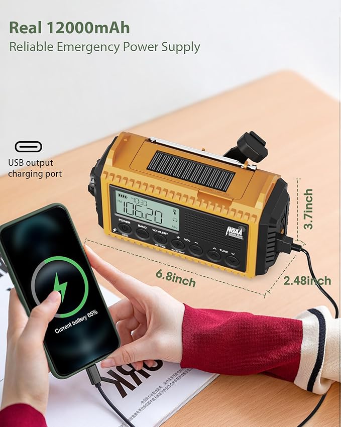 Emergency Radio,Hand Crank NOAA Weather Radio with 12000mAh Rechargeable Battery, LCD Display,Auto Alert,AM/FM/Shortwave,SOS,USB Charging Port,Flashlight,Portable Solar Radio for Power Outage/Survival