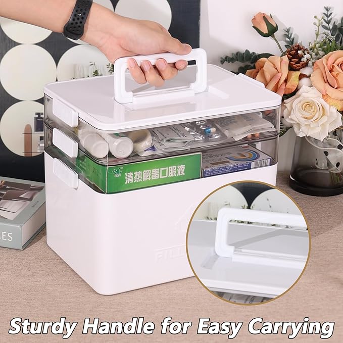 Kekow 3-Tier Portable Medicine Cabinet Organizer, Plastic Large Medicine Storage Box with Handle, White