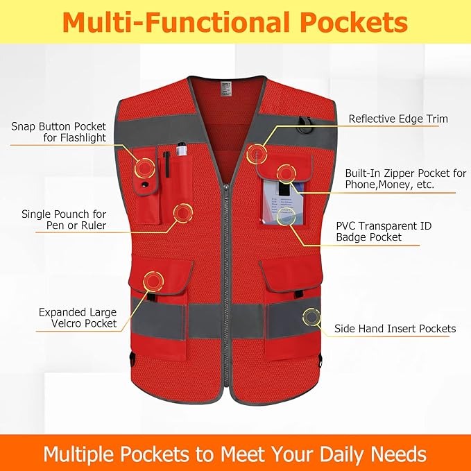 TCCFCCT Mesh Safety Vest 9 Pockets High Visibility Reflective Safety Vest for Men Women, Hi Vis Work Vest with Reinforced Sewing for Workers, Surveyors, Meets ANSI/ISEA, (Red, 3X-Large)