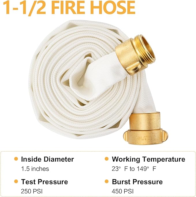 Fire Hose,1-1/2" ID X 25 FT, Single Jacket TPU, 450 PSI Burst Pressure, Industrial Fire Hose with NST/NH Brass Couplings for Indoor Use