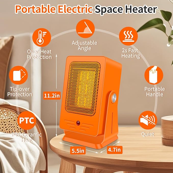 Portable Space Heaters for Indoor Use,Desktop Heater with 900W PTC 2s Fast Heating, 30° Adjustable Angle Design Small Electric Heater Lightweight for Personal, Office,Room,Orange