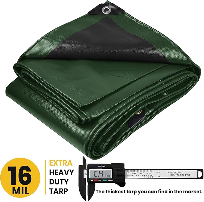 PROTARP Extra Heavy Duty 16 Mil Tarp Cover, Waterproof, UV Resistant, Rip and Tear Proof, Poly Tarpaulin with Reinforced Edges for Roof, Camping, Patio, Pool, Boat. (Green/Black 20′ X 40′)