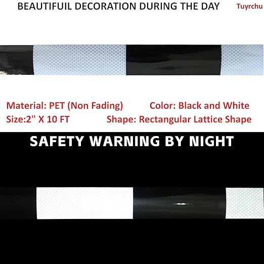 Black White Reflective Tape 2 inch Wide for Cars, Outdoor Waterproof High Visibility Safety Warning Adhesive Strips (10 feet)
