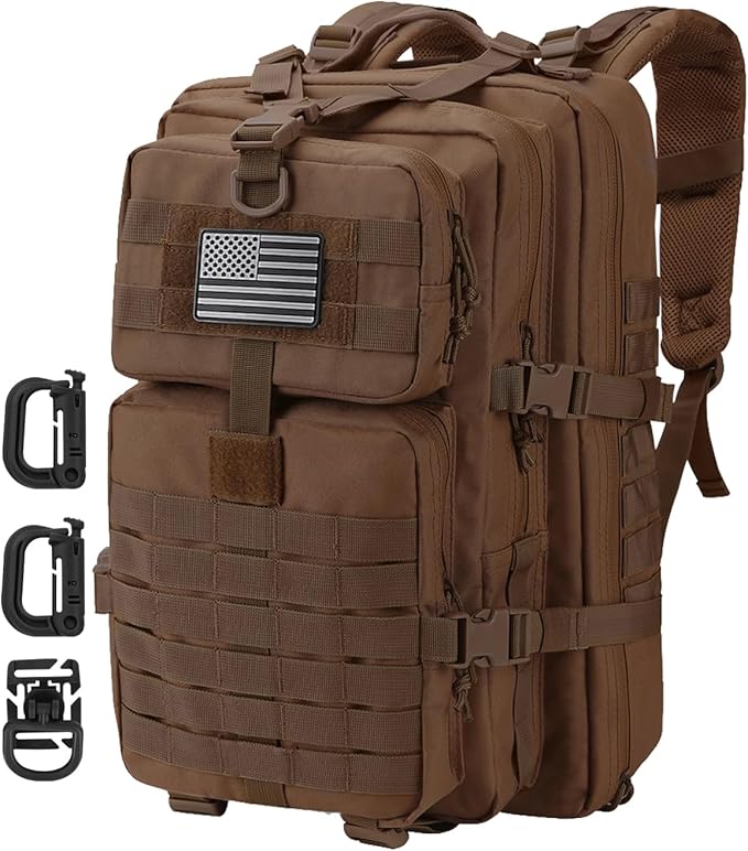 MOLLE Assault Backpack, Tactical Backpack Military Army Camping Rucksack, 3-Day Pack Trip w/USA Flag Patch, D-Rings, Dark Brown