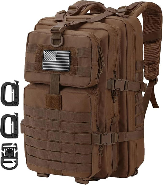 MOLLE Assault Backpack, Tactical Backpack Military Army Camping Rucksack, 3-Day Pack Trip w/USA Flag Patch, D-Rings, Dark Brown