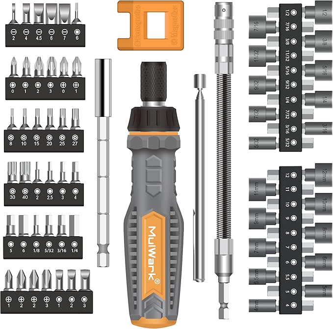 MulWark 63PC Magnetic Ratcheting Screwdriver Bit Set – Multibit Screw Driver with Screwdriver Bits Slotted, Torx, Hex, Pozi, Philips, Square; Nut Driver Set for SAE and Metric – Christmas Gift