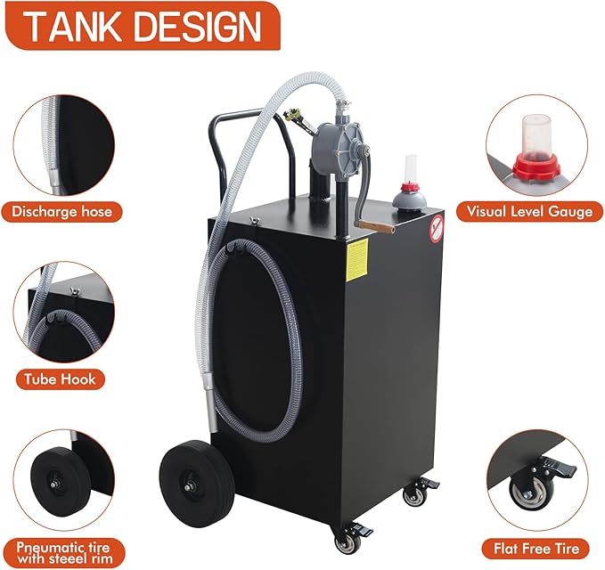 40 Gallon Portable Gas Caddy Fuel Storage Tank Large Gasoline Diesel Can Hand Siphon Pump with Rolling Flat-Free Solid Rubber Wheels for Boat, ATV, Car, Motorcycle (Black)