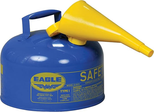 Eagle 2.5 Gallon Type I Blue Safety Gas Can for Kerosene with Flame Arrester, Self-Closing Lid, and F-15 Funnel, Made in the USA, Galvanized Steel Flammable Storage Can, UI25FSB