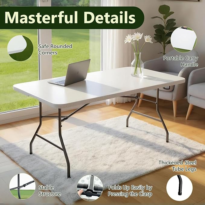 Folding Table, 6FT Foldable Picnic Table with Carrying Handle, Heavy Duty Fold-in-Half Portable Table for Weddings, Camping, RV Travel, Parties, BBQs, and Indoor Use, Easy to Fold and Store